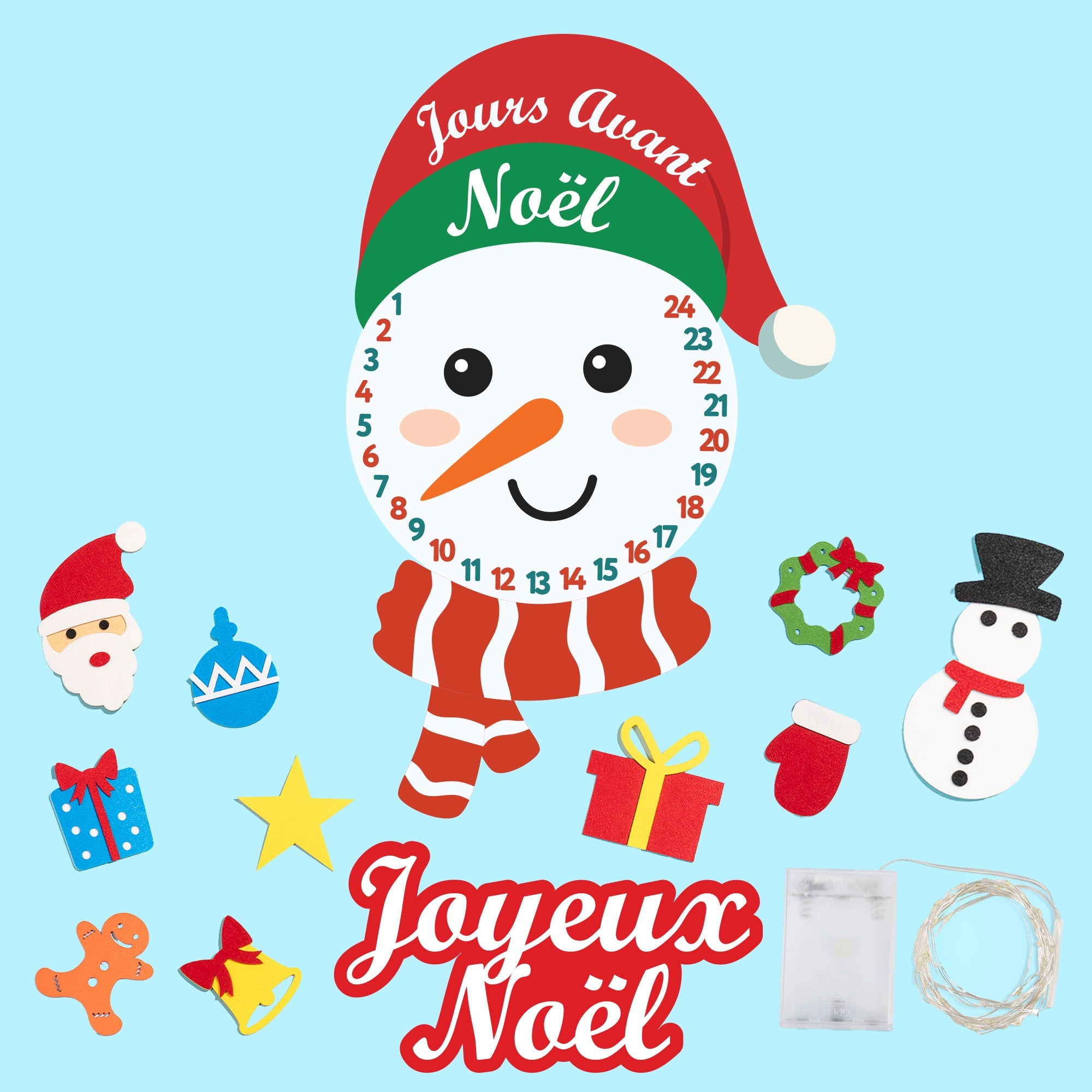 1 Calendrier de l'Avent suspendu avec bonhomme de neige + 10 Décorations de Noël supplémentaires + 1 Décoration "Joyeux Noël" + Guirlande lumineuse LED de 3m