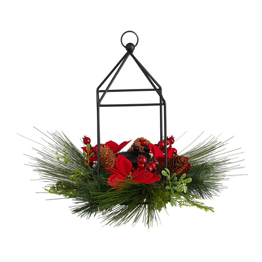 Porte- Bougie Noël 35 cm avec Poinsettias, Baies et Pommes de Pin