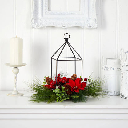 Porte- Bougie Noël 35 cm avec Poinsettias, Baies et Pommes de Pin