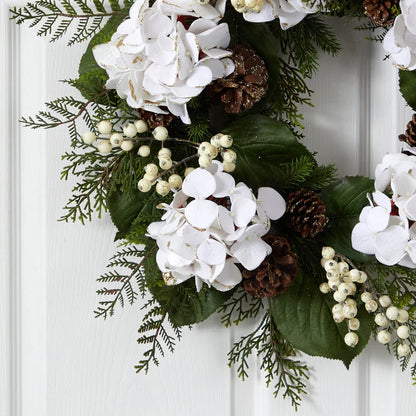 Couronne de Noël Artificielle Hortensias et Baies avec Finition Dorée 61 cm