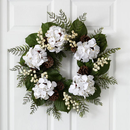 Couronne de Noël Artificielle Hortensias et Baies avec Finition Dorée 61 cm