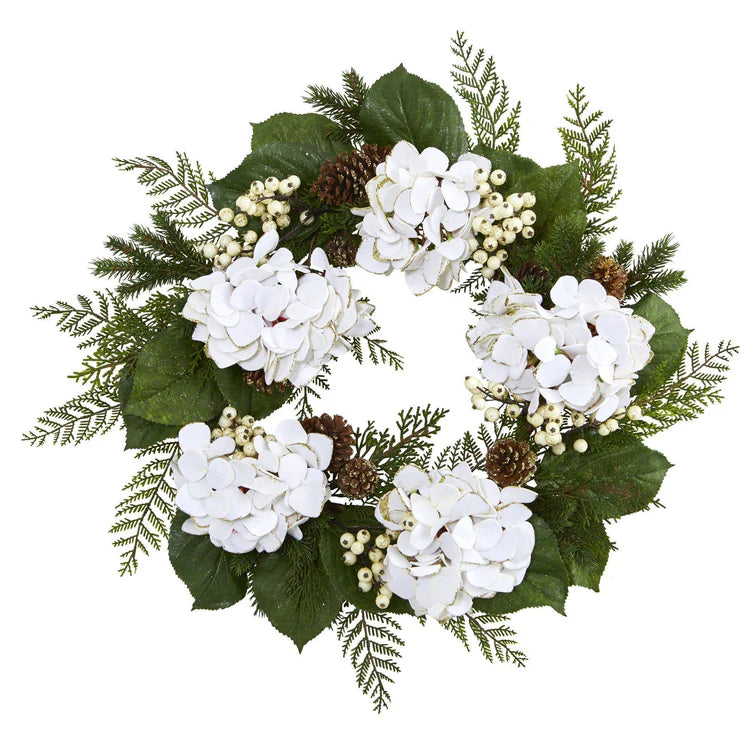 Couronne de Noël Artificielle Hortensias et Baies avec Finition Dorée 61 cm