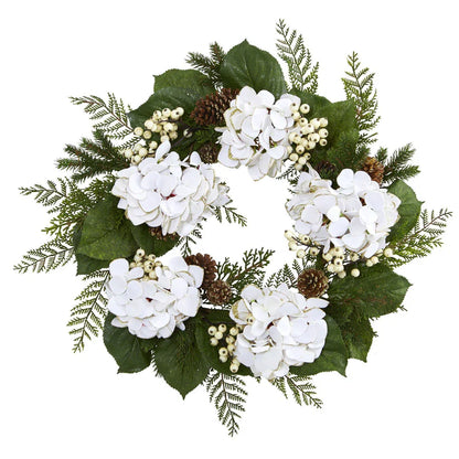 Couronne de Noël Artificielle Hortensias et Baies avec Finition Dorée 61 cm